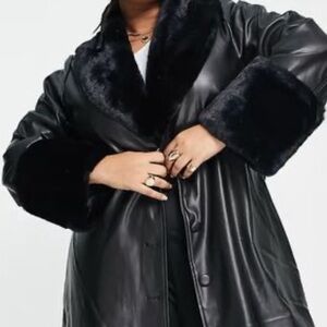 QED London Black Leather Jacket with Plush Trim